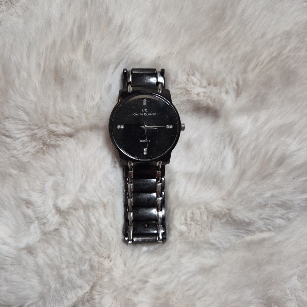 Mens Charles Raymond Watch Black CR Quartz - Used - For Parts - Diamonds ✨️💫